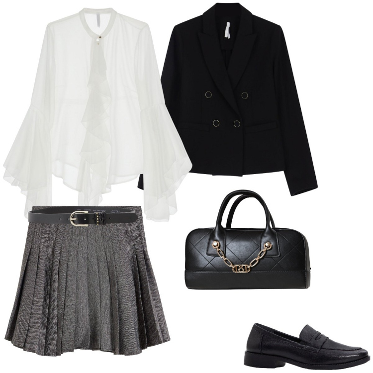 Outfit donna - Old school. Stile Bon Ton per Scuola/Università. Abbinamento con minigonne, mocassini, borse a mano, cinture, camicie, blazer.