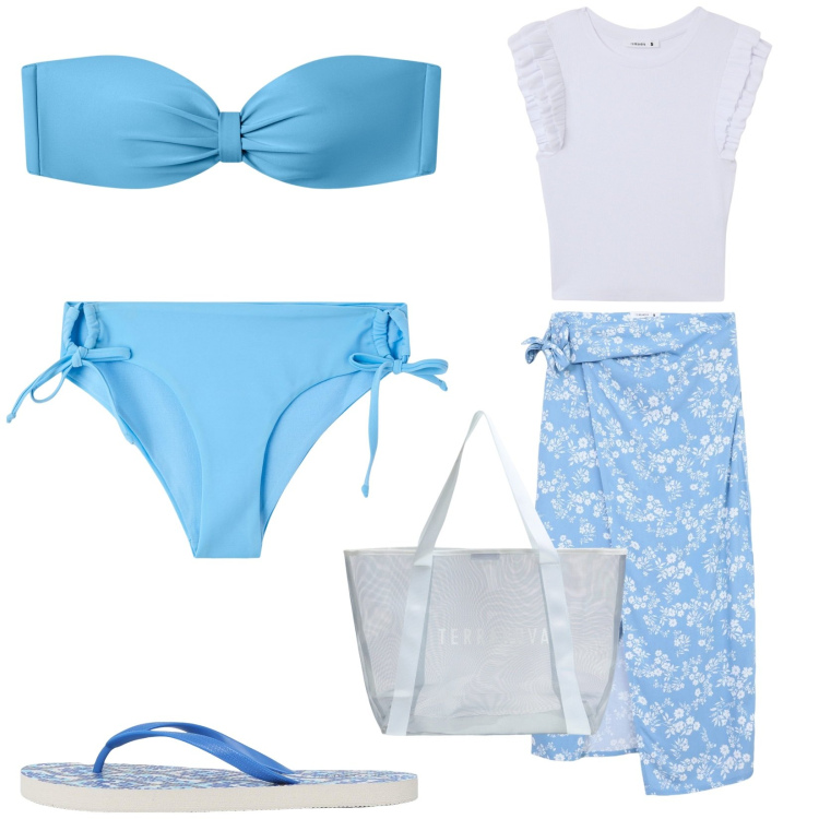 Outfit donna - Acqua azzurra acqua chiara. Stile Casual per Mare. Abbinamento con infradito, vestiti da spiaggia, t-shirt, shopping bag, bikini, bikini.