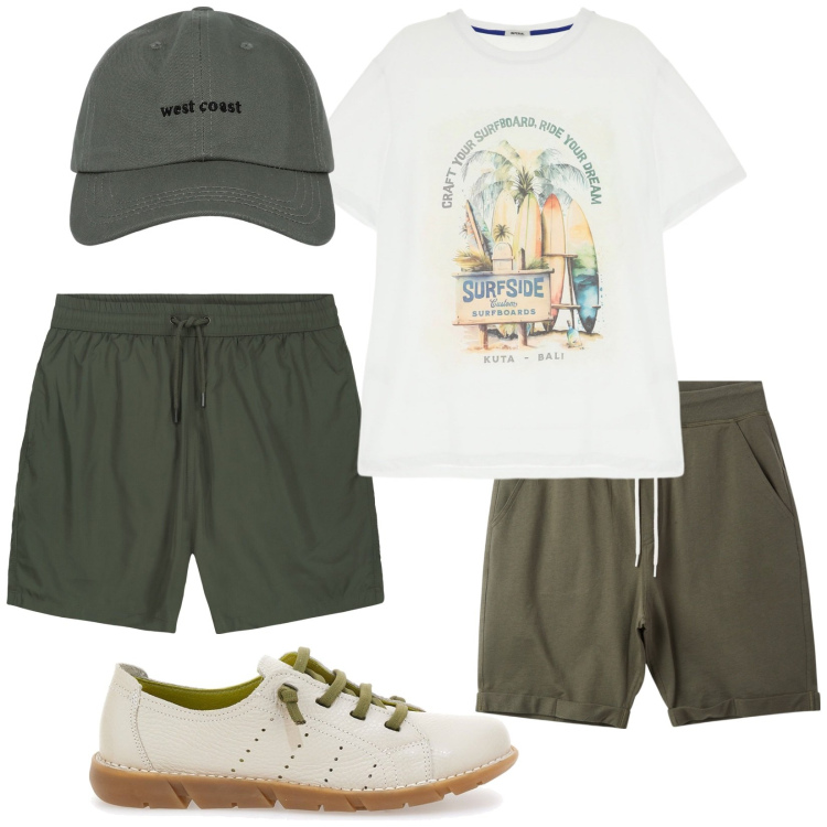 Outfit uomo - Total look #2223023. Stile Trendy per Mare. Abbinamento con pantaloni corti, cappelli con visiera, t-shirt, sneakers, costumi.