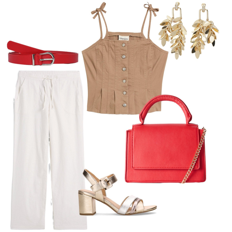 Outfit donna - Set due pezzi. per Tutti i giorni. Abbinamento con top, pantaloni a palazzo, cinture, borse a tracolla, orecchini, sandali col tacco.
