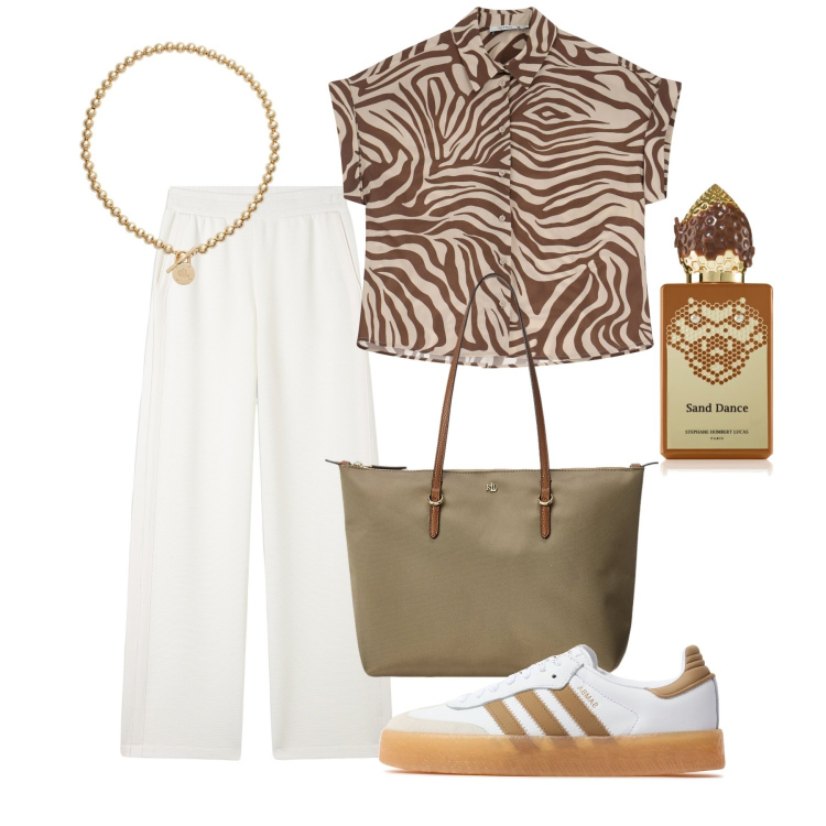 Outfit donna - Basic con classe. Stile Basic per Tutti i giorni. Abbinamento con profumi, camicie a manica corta, pantaloni, collane, borse tote, sneakers.
