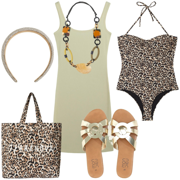 Outfit donna - Total look #2223028. Stile Sexy per Mare. Abbinamento con costumi interi, vestiti corti, borse tote, cerchietti, ciabatte, collane.