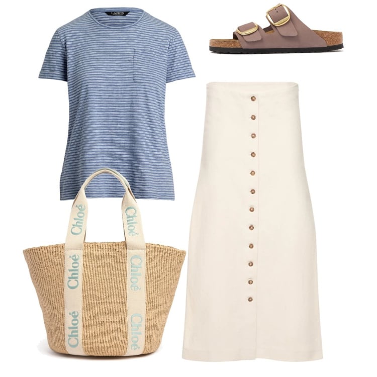 Outfit donna - Sicura in tshirt. Stile Bon Ton per Ufficio. Abbinamento con t-shirt, gonne longuette, shopping bag, sandali.