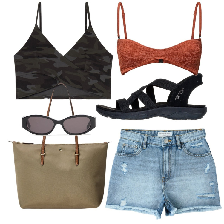 Outfit donna - Il top camouflage. Stile Casual per Mare. Abbinamento con shorts, top, borse tote, sandali col tacco, occhiali da sole, bikini.