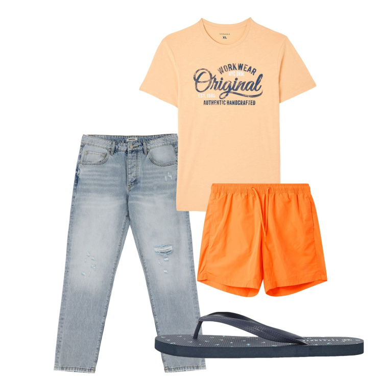 Outfit uomo - Mare. Stile Casual per Tutti i giorni. Abbinamento con t-shirt, sandali, costumi, jeans strappati.