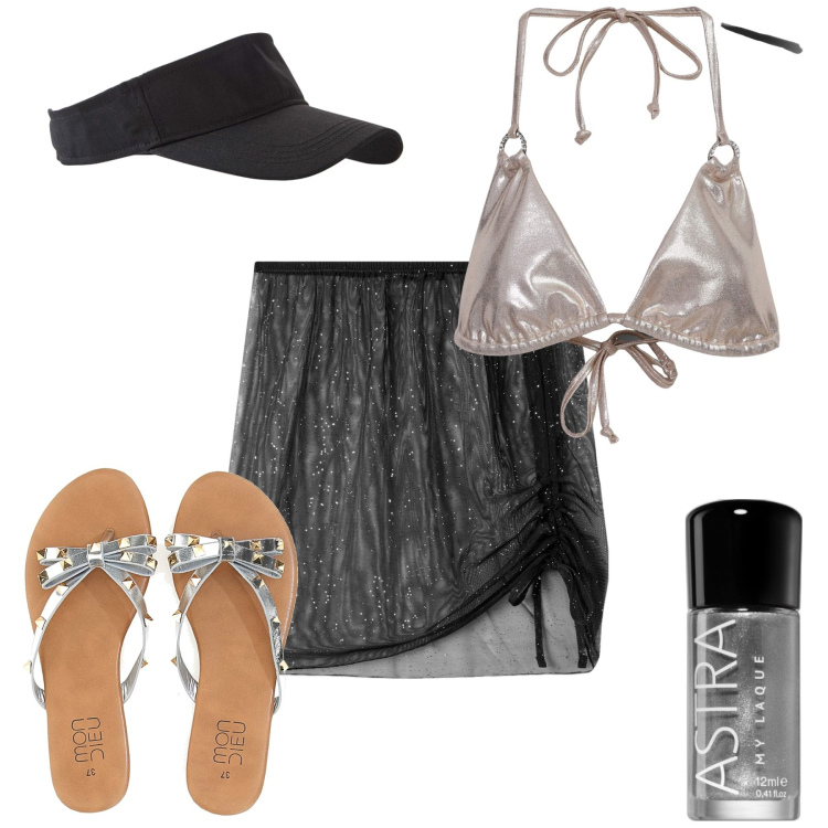 Outfit donna - La spiaggia chic. Stile Chic per Mare. Abbinamento con cappelli con visiera, smalti, vestiti da spiaggia, bikini, infradito.