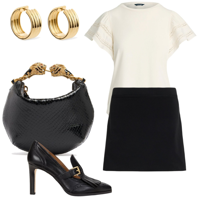 Outfit donna - D\'effetto. Stile Trendy per Ufficio. Abbinamento con décolleté, minigonne, t-shirt, orecchini, borse a mano.