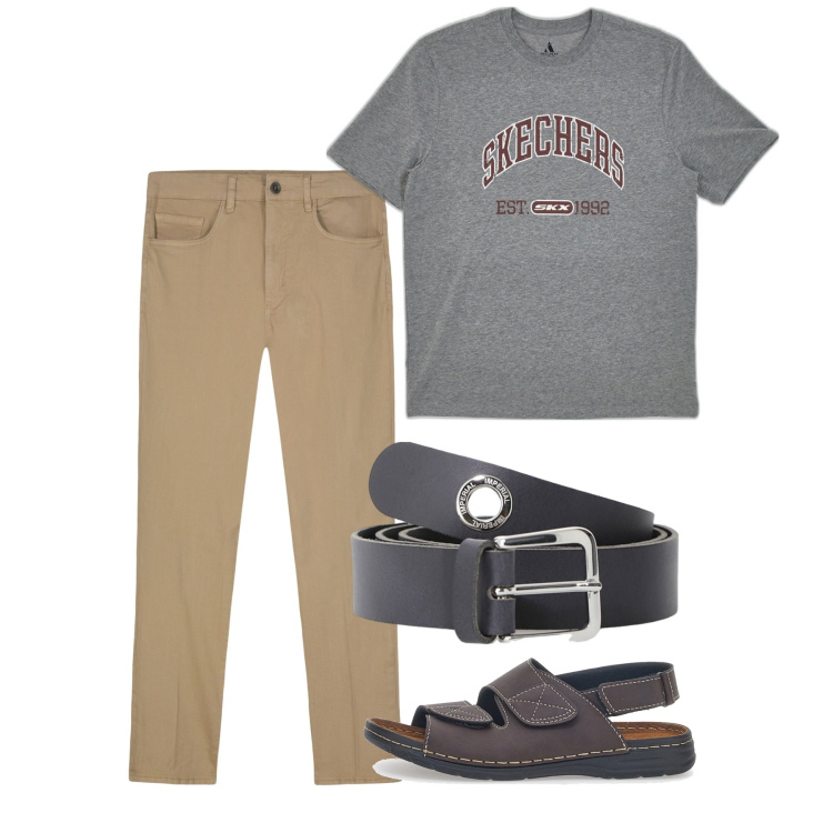 Outfit uomo - Agosto. Stile Casual per Tutti i giorni. Abbinamento con cinture, pantaloni, t-shirt, sandali.