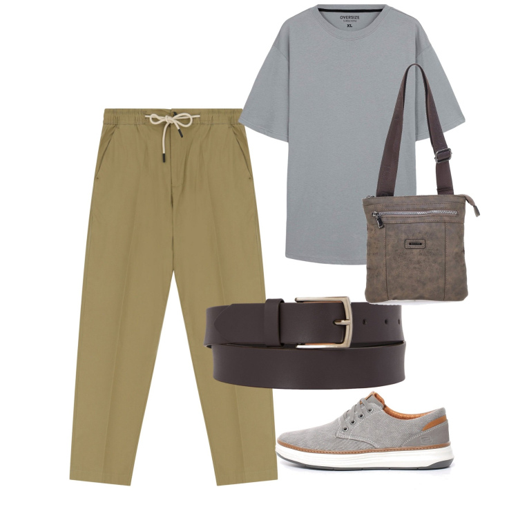 Outfit uomo - Agosto. Stile Casual per Tutti i giorni. Abbinamento con t-shirt, pantaloni chino, portafogli, cinture, sneakers.