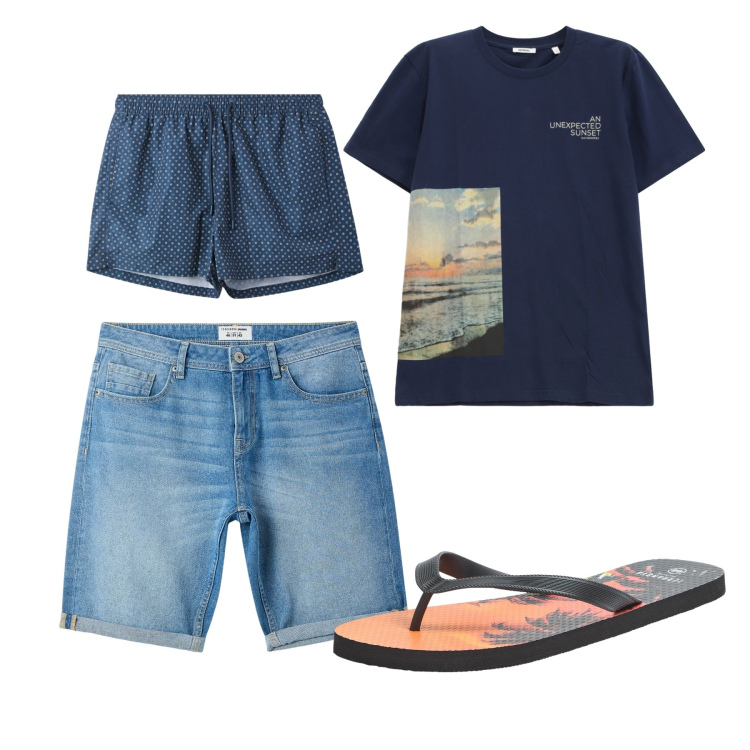 Outfit uomo - Mare. Stile Casual per Mare. Abbinamento con sandali, bermuda, costumi, t-shirt.