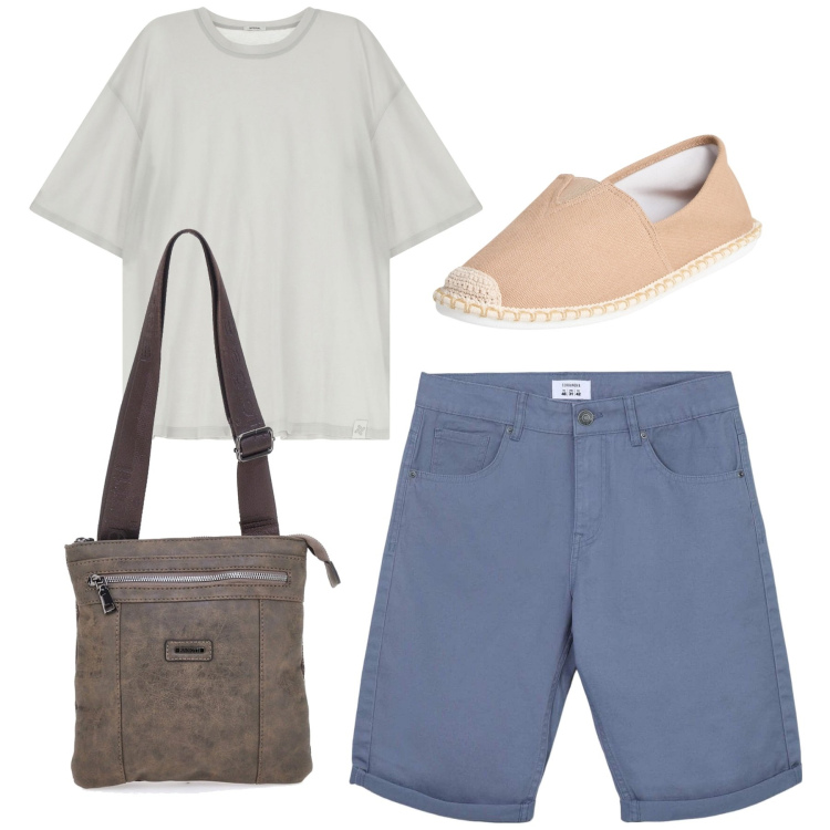Outfit uomo - Casual. Stile Casual per Tutti i giorni. Abbinamento con espadrillas, bermuda, t-shirt, portafogli.