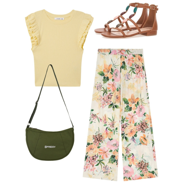 Outfit donna - Fleurs. Stile Romantica per Tutti i giorni. Abbinamento con t-shirt, pantaloni a palazzo, borse a spalla, sandali gioiello.