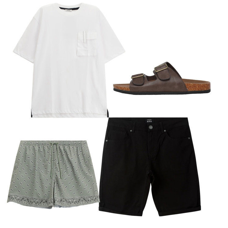 Outfit uomo - Al mare. Stile Casual per Tutti i giorni. Abbinamento con bermuda, sandali, costumi, t-shirt.