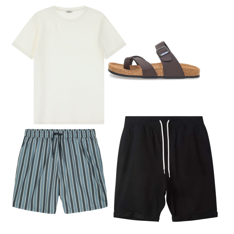 Outfit uomo - Il costume a righe. Stile Casual per Mare. Abbinamento con pantaloni corti, t-shirt, costumi, sandali.