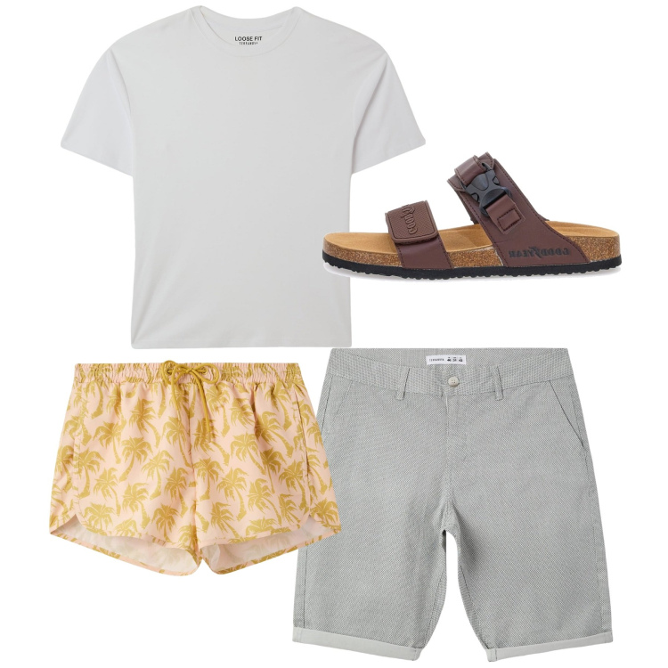 Outfit uomo - Chiaro al mare. Stile Casual per Tutti i giorni. Abbinamento con pantaloni corti, costumi, t-shirt, sandali.