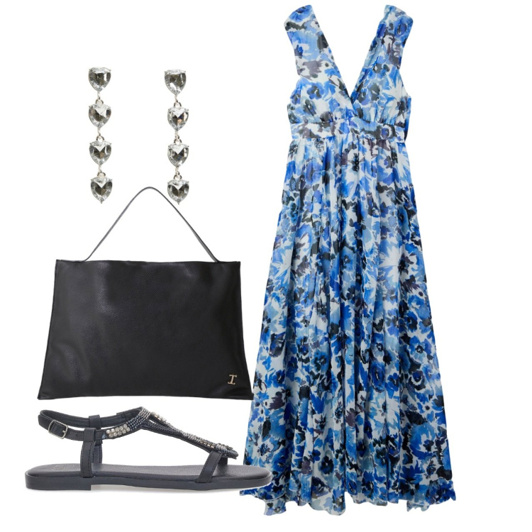 Outfit donna - Fiori azzurri. Stile Romantica per Tutti i giorni. Abbinamento con vestiti lunghi, orecchini, borse a spalla, sandali gioiello.