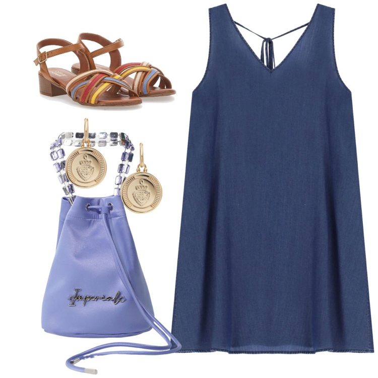 Outfit donna - Blu e blu. Stile Bon Ton per Tutti i giorni. Abbinamento con vestiti corti, borse a secchiello, orecchini, sandali col tacco.