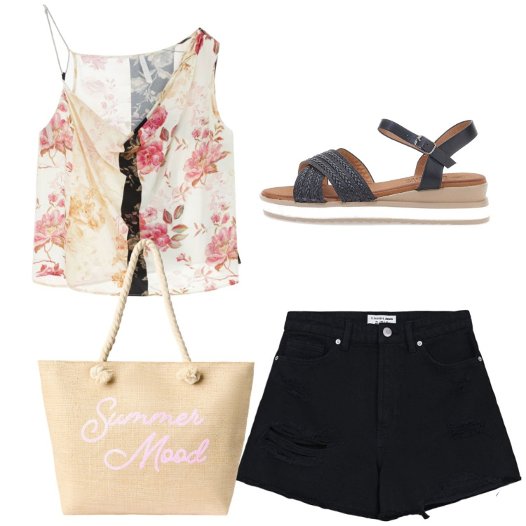 Outfit donna - Every day. Stile Casual per Tutti i giorni. Abbinamento con shorts, borse tote, top, sandali.
