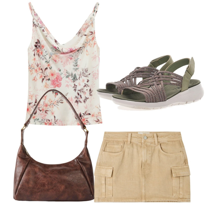 Outfit donna - Estate. Stile Casual per Tutti i giorni. Abbinamento con borse a mano, minigonne, canottiere, sandali.
