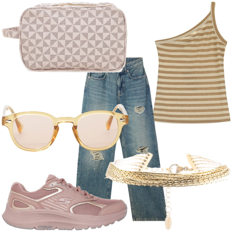 Outfit donna - Sempre estate. Stile Casual chic per Tutti i giorni. Abbinamento con jeans strappati, occhiali da sole, top, braccialetti, sneakers, valigie.
