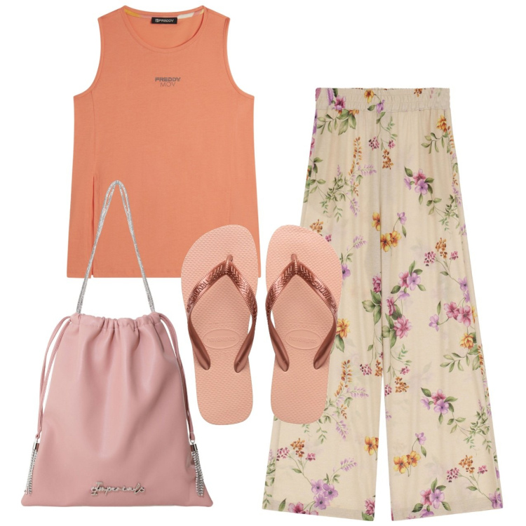 Outfit donna - Estate. Stile Romantica per Tutti i giorni. Abbinamento con pantaloni, borse a secchiello, canottiere, ciabatte.