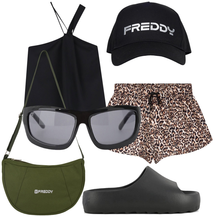 Outfit donna - Summer lover. Stile Casual chic per Tutti i giorni. Abbinamento con shorts, occhiali da sole, top, borse a spalla, cappelli, ciabatte.