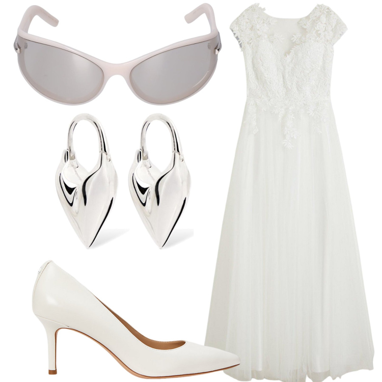 Outfit donna - Bianco d estate. Stile Romantica per Serata fuori. Abbinamento con vestiti, décolleté, occhiali da sole, orecchini.