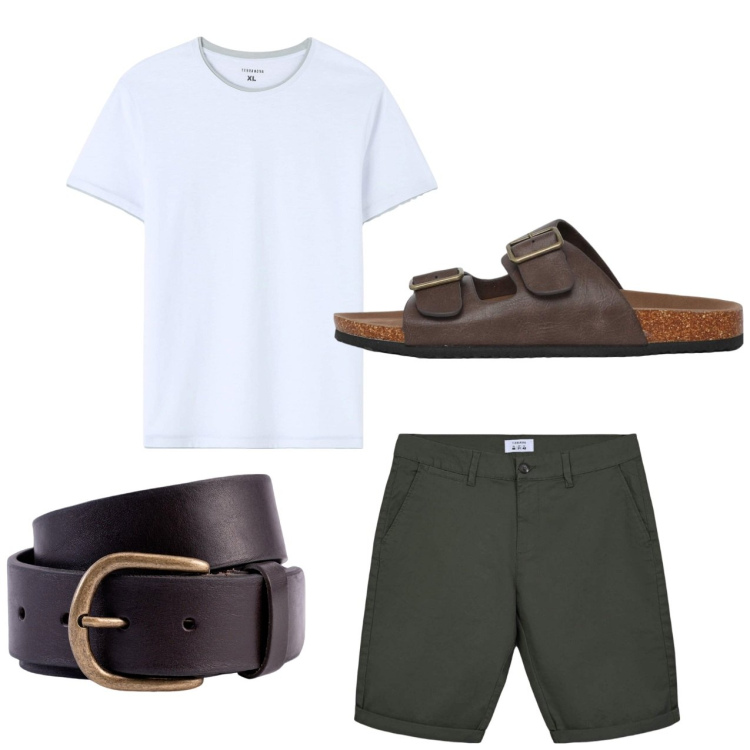 Outfit uomo - Pomeriggio. Stile Casual per Tutti i giorni. Abbinamento con sandali, t-shirt, bermuda, cinture.