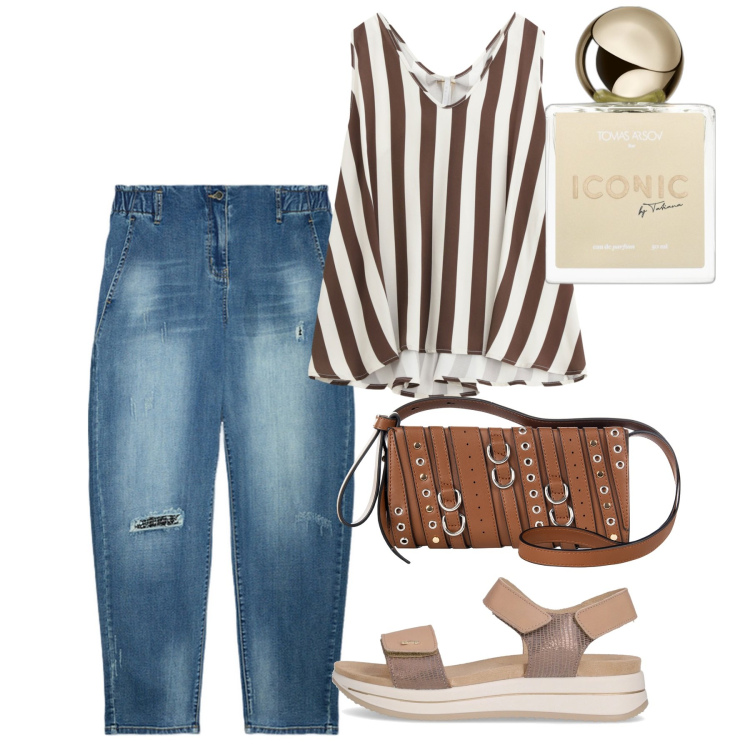 Outfit donna - Agosto. Stile Casual chic per Tutti i giorni. Abbinamento con profumi, borse a spalla, top, jeans dritti, sandali.