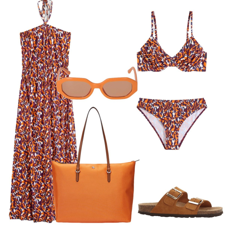 Outfit donna - Arancio. Stile Chic per Mare. Abbinamento con vestiti da spiaggia, bikini, ciabatte, borse tote, occhiali da sole.