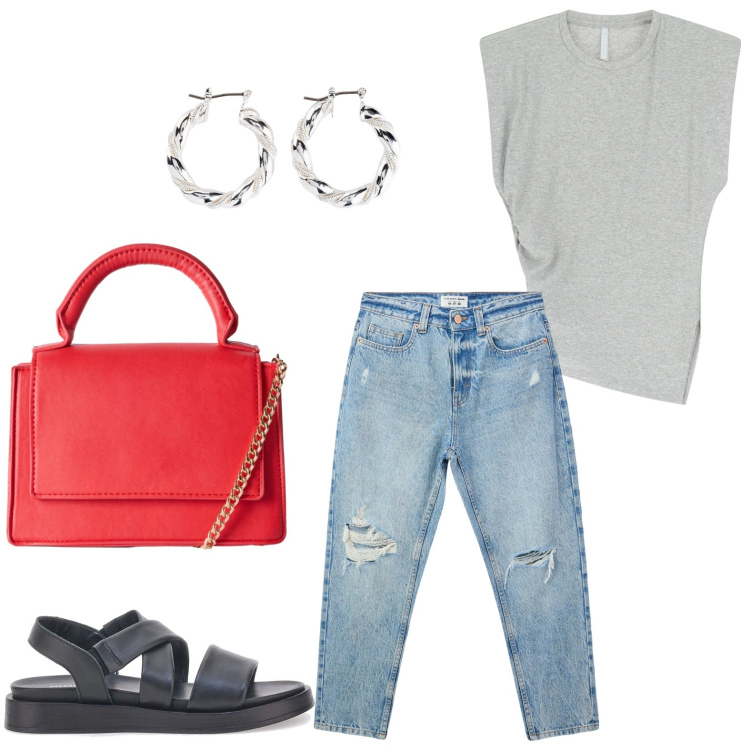 Outfit donna - Personalità decisa. Stile Minimal per Scuola/Università. Abbinamento con orecchini, jeans mom, borse a tracolla, top, sandali.