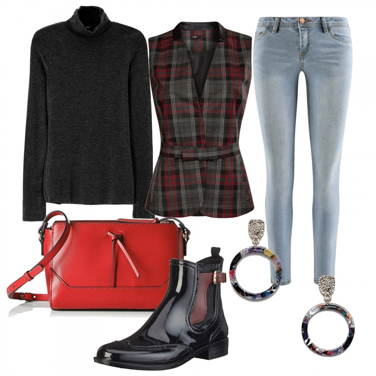 Outfit donna - Dandy. Stile Trendy per Ufficio. Abbinamento con gilet con cintura grigio, stivaletti nero, jeans skinny taglia media aderente blu, borsa a tracolla rosso, orecchini pendenti oro, maglia melange collo alto a maniche lunghe grigio e nero.