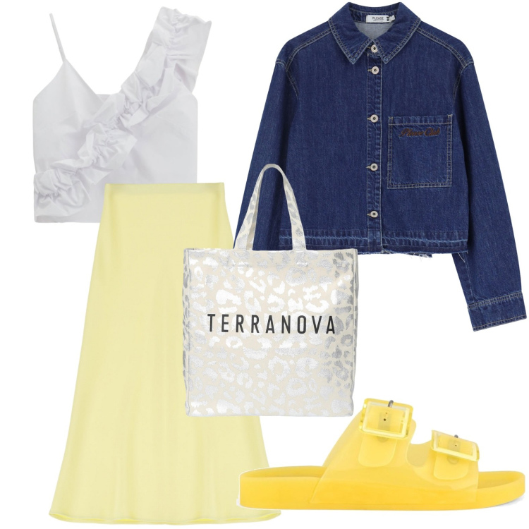 Outfit donna - Denim compagno perfetto. Stile Casual chic per Scuola/Università. Abbinamento con borse tote, blazer, gonne longuette, top, sandali.