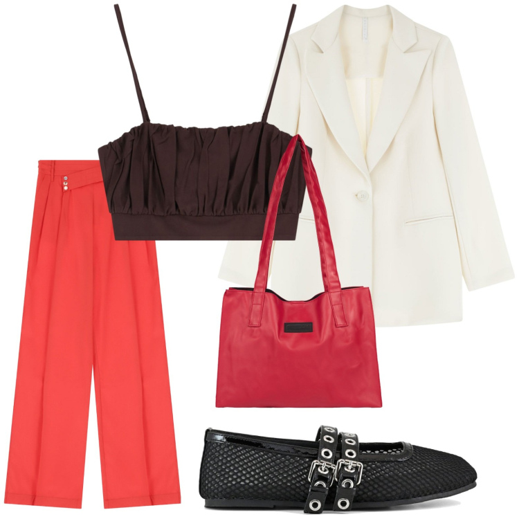 Outfit donna - Stile metropolitano. Stile Chic per Ufficio. Abbinamento con pantaloni, top, blazer, shopping bag, ballerine.