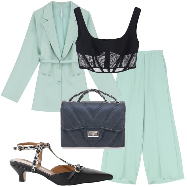 Outfit donna - Momenti speciali. Stile Chic per Serata fuori. Abbinamento con décolleté, blazer, pantaloni, top, borse a tracolla.