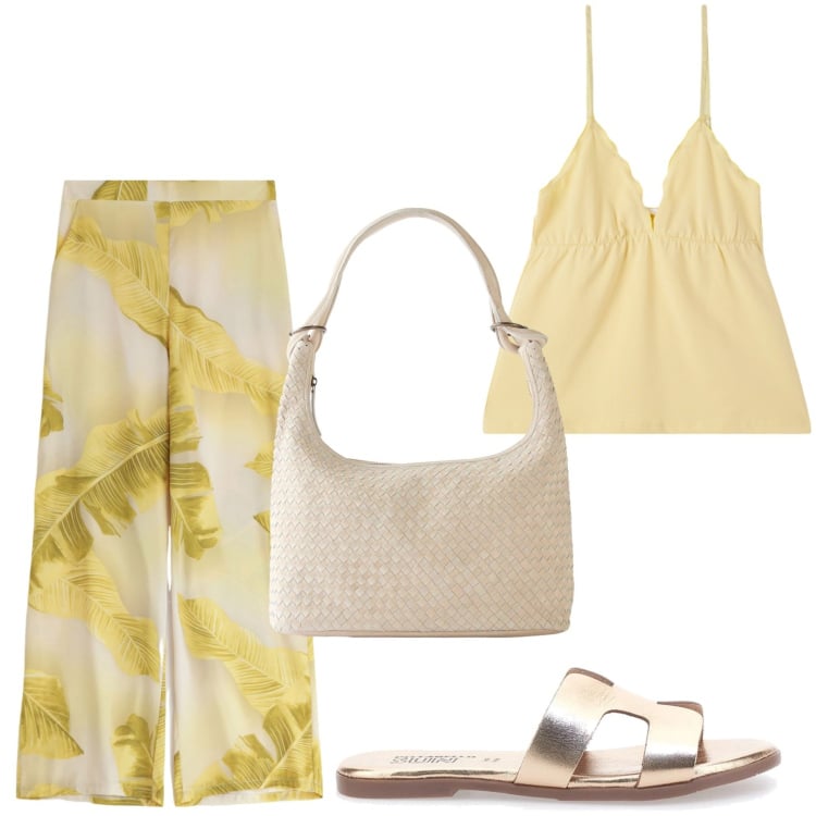 Outfit donna - Il fascino della natura. Stile Glamour per Tutti i giorni. Abbinamento con shopping bag, canottiere, pantaloni, ciabatte.