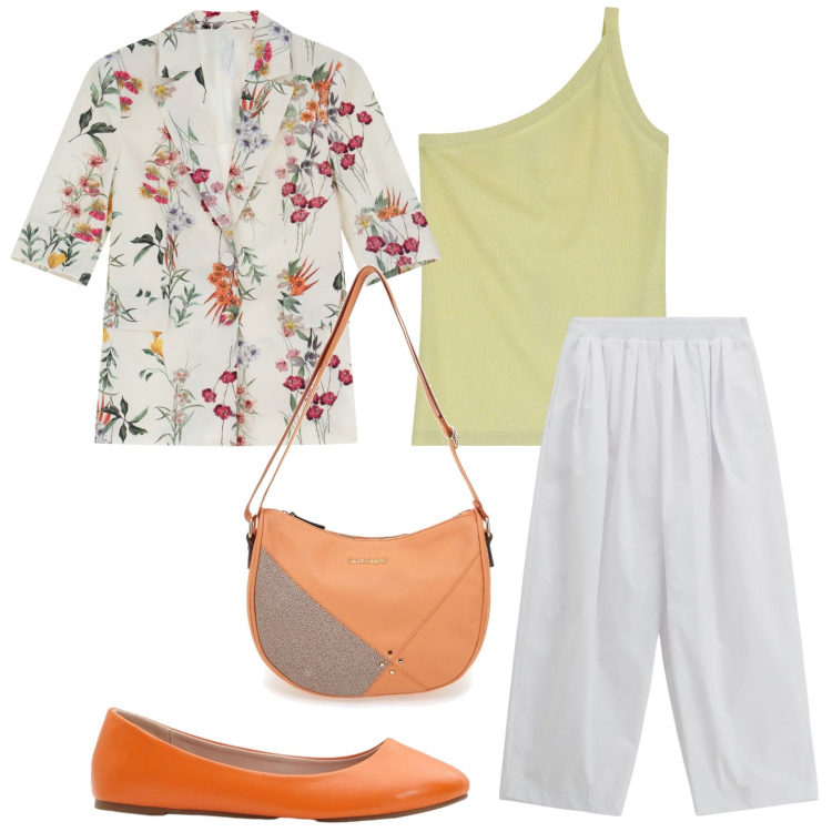 Outfit donna - Motivi floreali. Stile Glamour per Tutti i giorni. Abbinamento con ballerine, top, pantaloni, blazer, borse a tracolla.