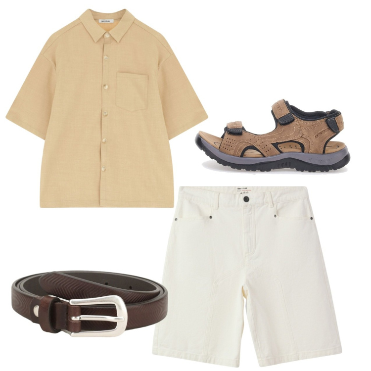 Outfit uomo - Bianco e marrone. Stile Casual per Tutti i giorni. Abbinamento con bermuda, cinture, camicie a manica corta, sandali.