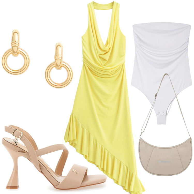 Outfit donna - Perfetta per l\'aperitivo. Stile Minimal per Serata fuori. Abbinamento con body, vestiti asimmetrici, borse a spalla, orecchini, sandali col tacco.