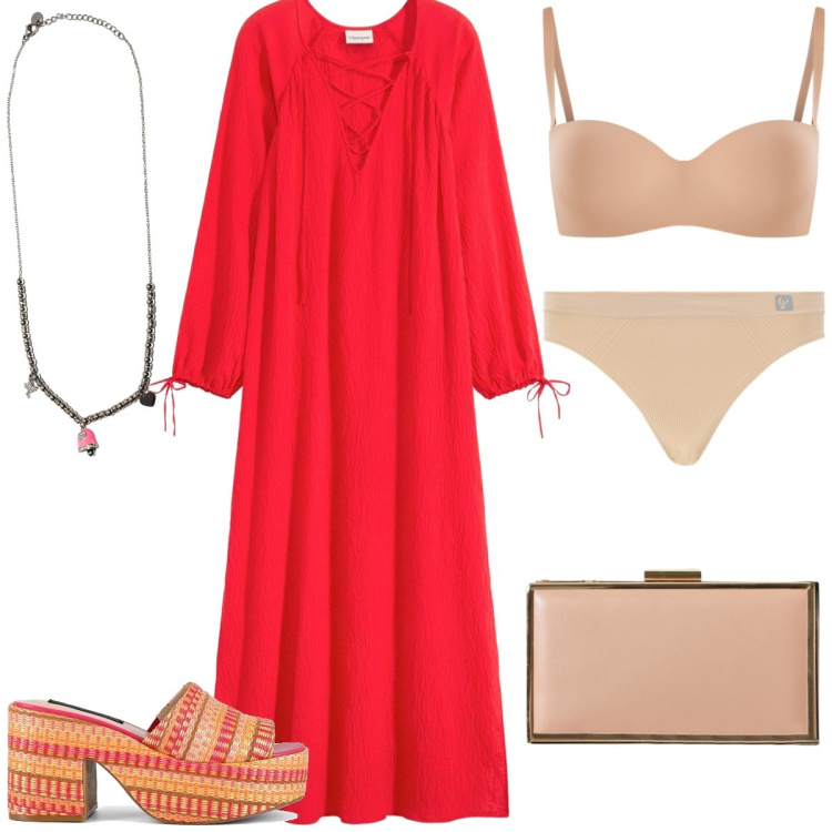 Outfit donna - Total look #2223125. Stile Boho per Serata fuori. Abbinamento con caftani, reggiseni, pochette, perizomi, ciondoli, zeppe.