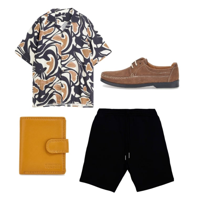 Outfit uomo - Casual curato. Stile Casual per Tutti i giorni. Abbinamento con pantaloni corti, camicie a manica corta, portafogli, scarpe stringate.