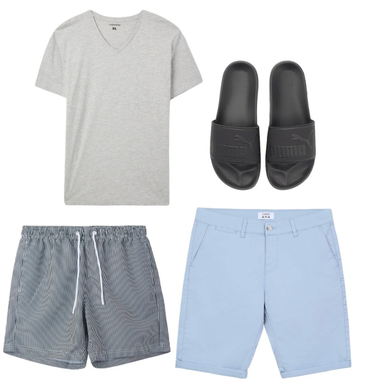 Outfit uomo - Mare calmo. Stile Casual per Mare. Abbinamento con bermuda, t-shirt, costumi, sandali.
