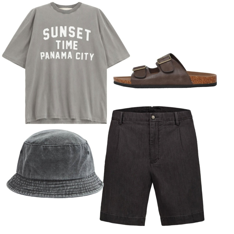 Outfit uomo - Casual grigio. Stile Casual per Tutti i giorni. Abbinamento con cappelli, sandali, t-shirt, bermuda.