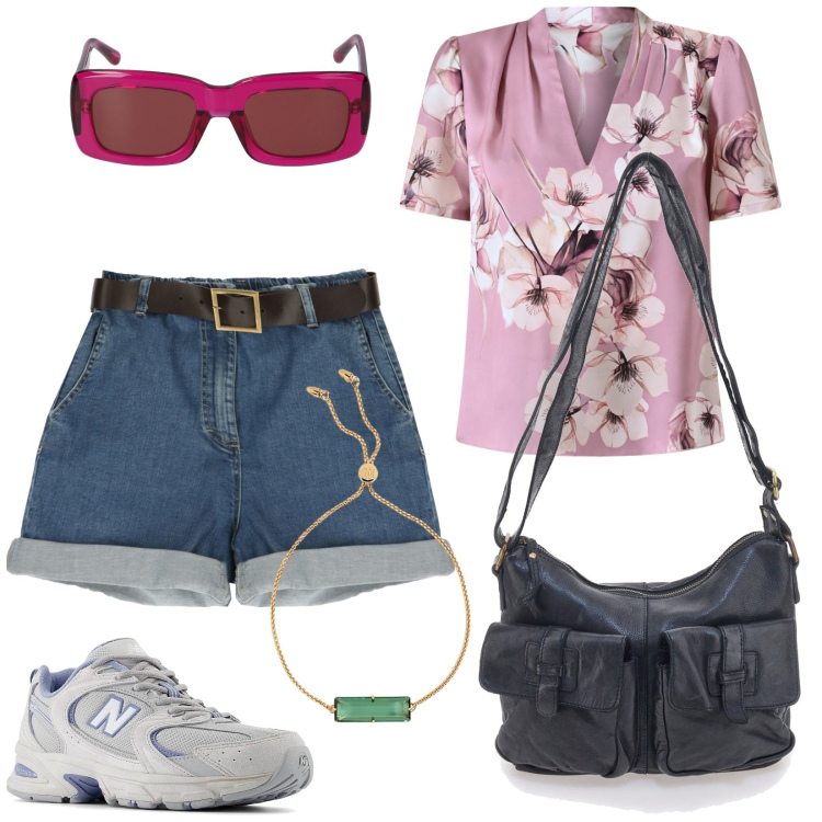 Outfit donna - Urban Glamour. Stile Urban per Tutti i giorni. Abbinamento con bluse, bermuda, braccialetti, borse a tracolla, occhiali da sole, sneakers.