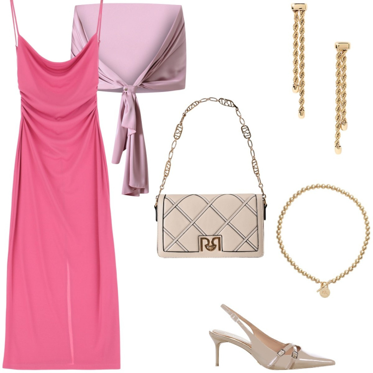 Outfit donna - Tramonto. Stile Chic per Serata fuori. Abbinamento con scialli, borse a tracolla, décolleté, vestiti, collane, orecchini.