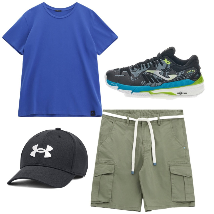 Outfit uomo - Azzurro e oliva. Stile Casual per Tutti i giorni. Abbinamento con t-shirt, bermuda, cappelli, sneakers.