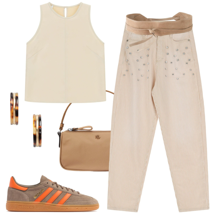 Outfit donna - Sabbia per l\'estate. Stile Casual per Tutti i giorni. Abbinamento con cinture, pantaloni, top, orecchini, pochette, sneakers.