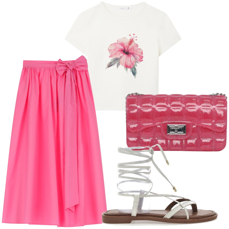 Outfit donna - Stampa fiore. Stile Trendy per Tutti i giorni. Abbinamento con borse a tracolla, t-shirt, gonne lunghe, sandali alla schiava.