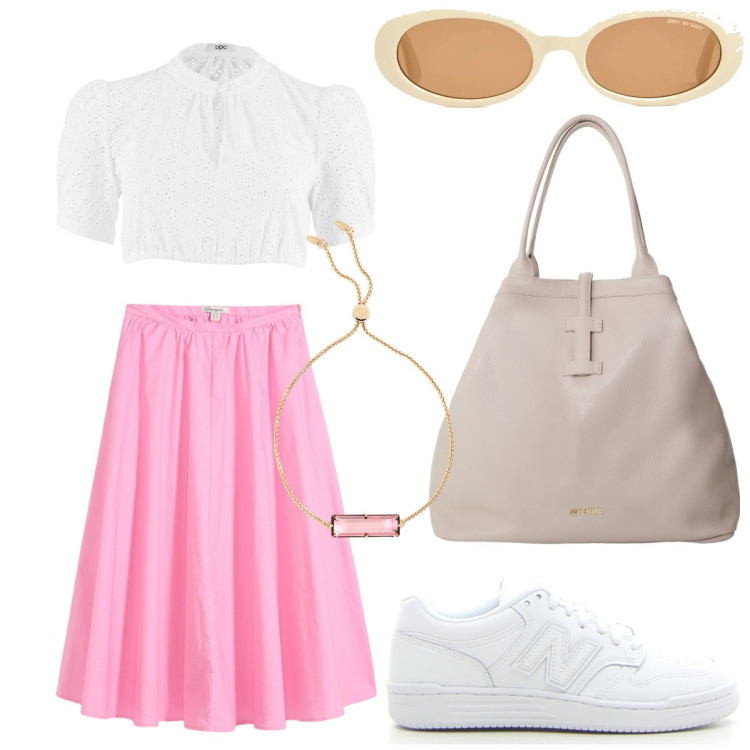 Outfit donna - In piazzetta. Stile Casual chic per Mare. Abbinamento con camicie, gonne longuette, borse tote, braccialetti, occhiali da sole, sneakers.
