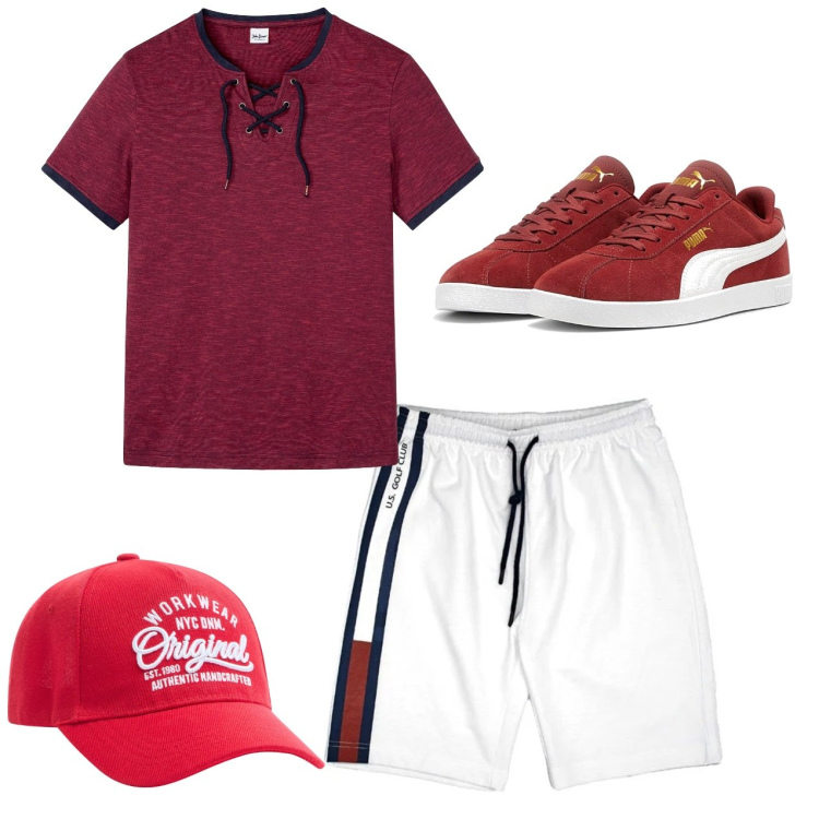 Outfit uomo - Sportivo. Stile Urban per Tutti i giorni. Abbinamento con t-shirt, cappelli, sneakers, pantaloni corti.